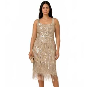 NWT Adrianna Papell Platinum Gold Sequin Fringe Cocktail Dress 12/14